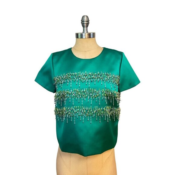 J.Crew Collection Green Embellished Satin Short Sleeve Top Size 4 - Picture 1 of 5